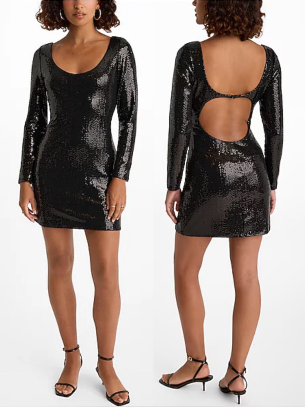 NEW Express Long Sleeve Mini Dress Open Back Black Sequins Large Cocktail Party
